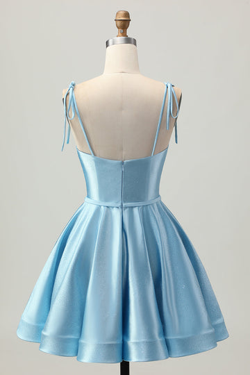 Blue Satin A Line Short Spaghetti Straps Cocktail Dress